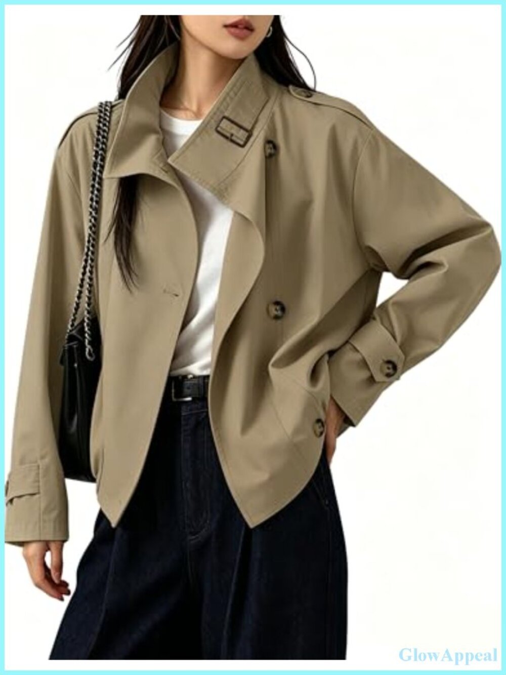 Women's Funnel Neck Trench Coat Cropped Jacket Fall Outerwear